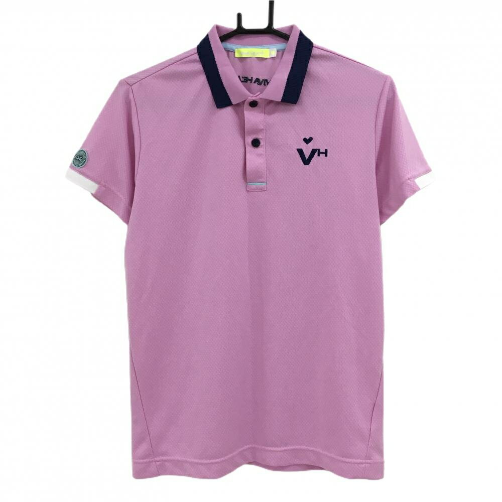 VIVA HEART - 【超美品】ビバハート 半袖ポロシャツ ライトピンク 地模様 ロゴネイビー メンズ 48(M) ゴルフウェア VIVA HEART