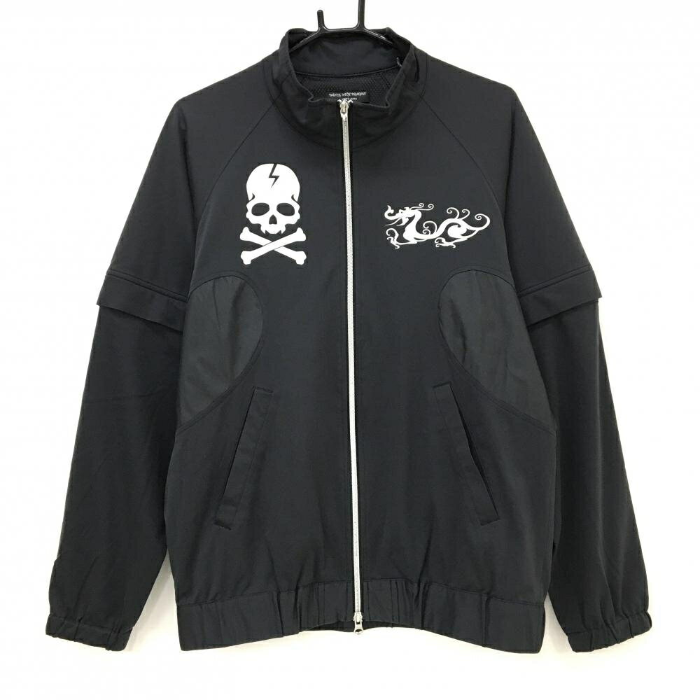 【美品】ダンスウィズドラゴン 2WAYジャケット 黒系×白 裏地メッシュ スカル 袖着脱可 メンズ 3(L) ゴルフウェア Dance With Dragon