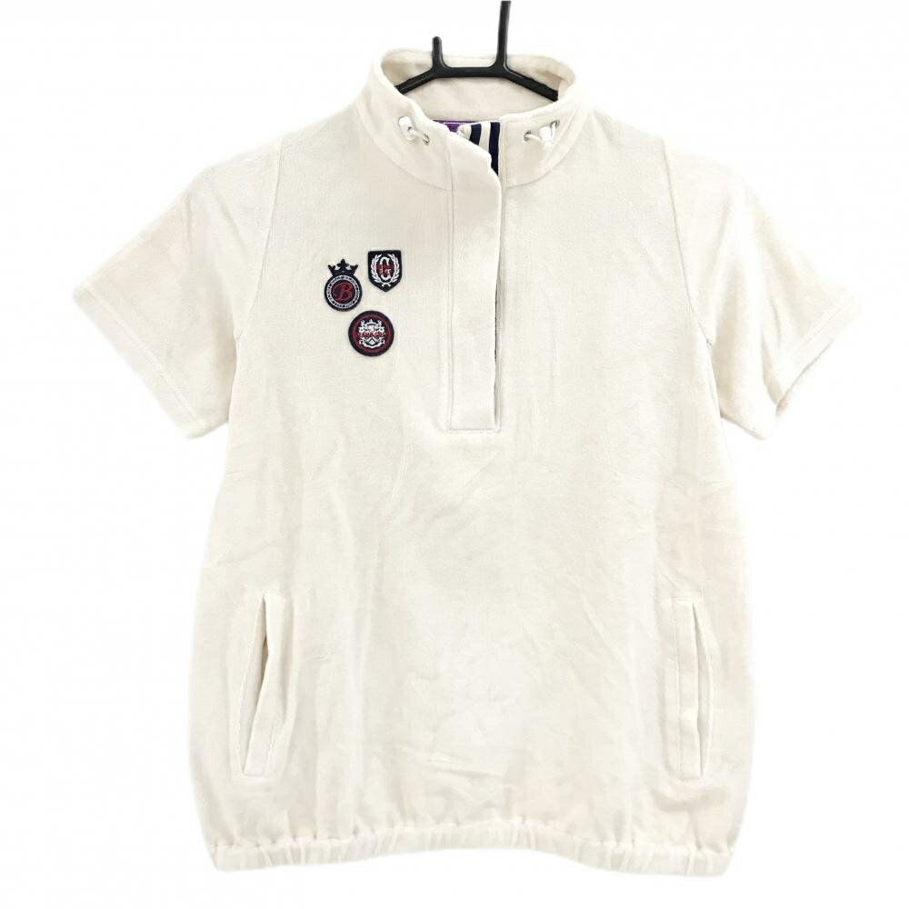 【美品】ビームスゴルフ 半袖ハイネックシャツ アイボリー×ネイビー ハーフジップ レディース M ゴルフウェア BEAMS GOLF