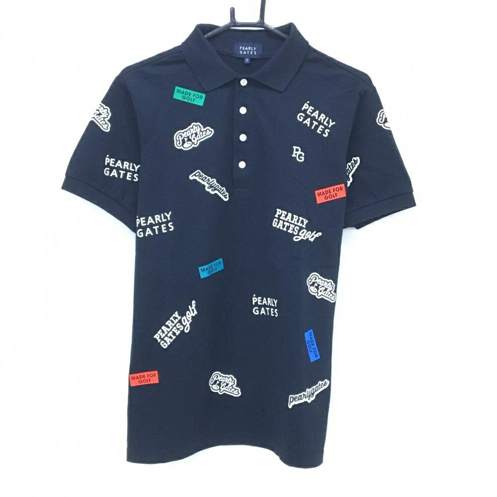 Shirts - 【美品】パーリーゲイツ 半袖ポロシャツ ネイビー×白 総柄 ロゴプリント メンズ 5(L) ゴルフウェア PEARLY GATES