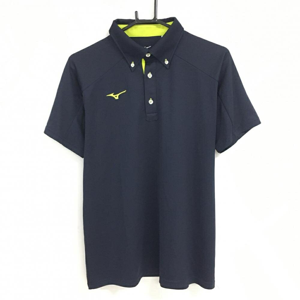 SINACOVA GOLF - 【超美品】ミズノ 半袖ポロシャツ ネイビー×イエローグリーン ロゴ刺しゅう ボタンダウン メンズ L ゴルフウェア MIZUNO