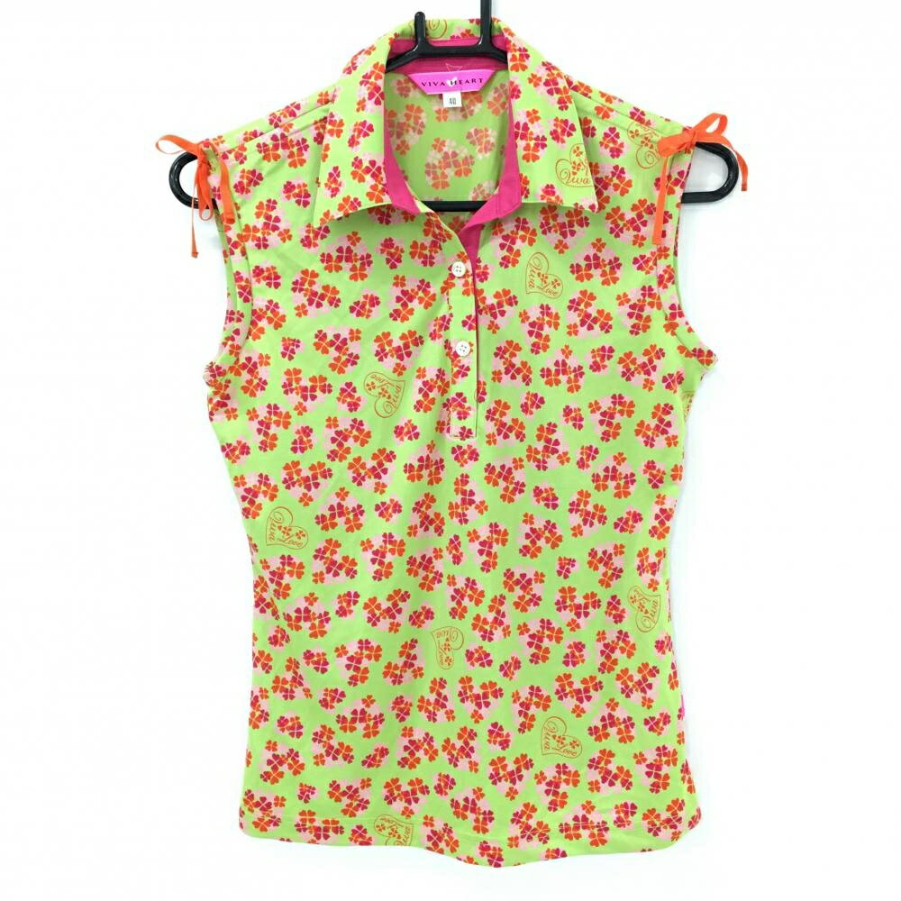 VIVA HEART - 【美品】ビバハート ノースリーブポロシャツ ライトグリーン×ピンク 四つ葉総柄 レディース 40(M) ゴルフウェア VIVA HEART