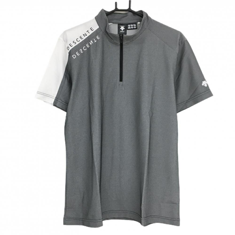 【超美品】デサントゴルフ 半袖ハイネックシャツ グレー×白 ハーフジップ 肩ロゴ 中田英寿 メンズ XO(2XL) ゴルフウェア DESCENTE