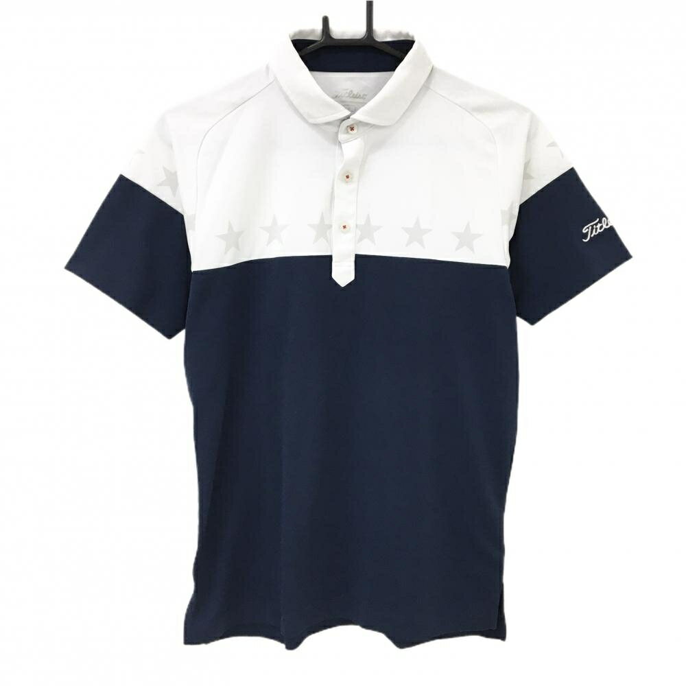 【美品】タイトリスト 半袖ポロシャツ ネイビー×白 一部星柄 ロゴ刺しゅう メンズ M ゴルフウェア TITLEIST