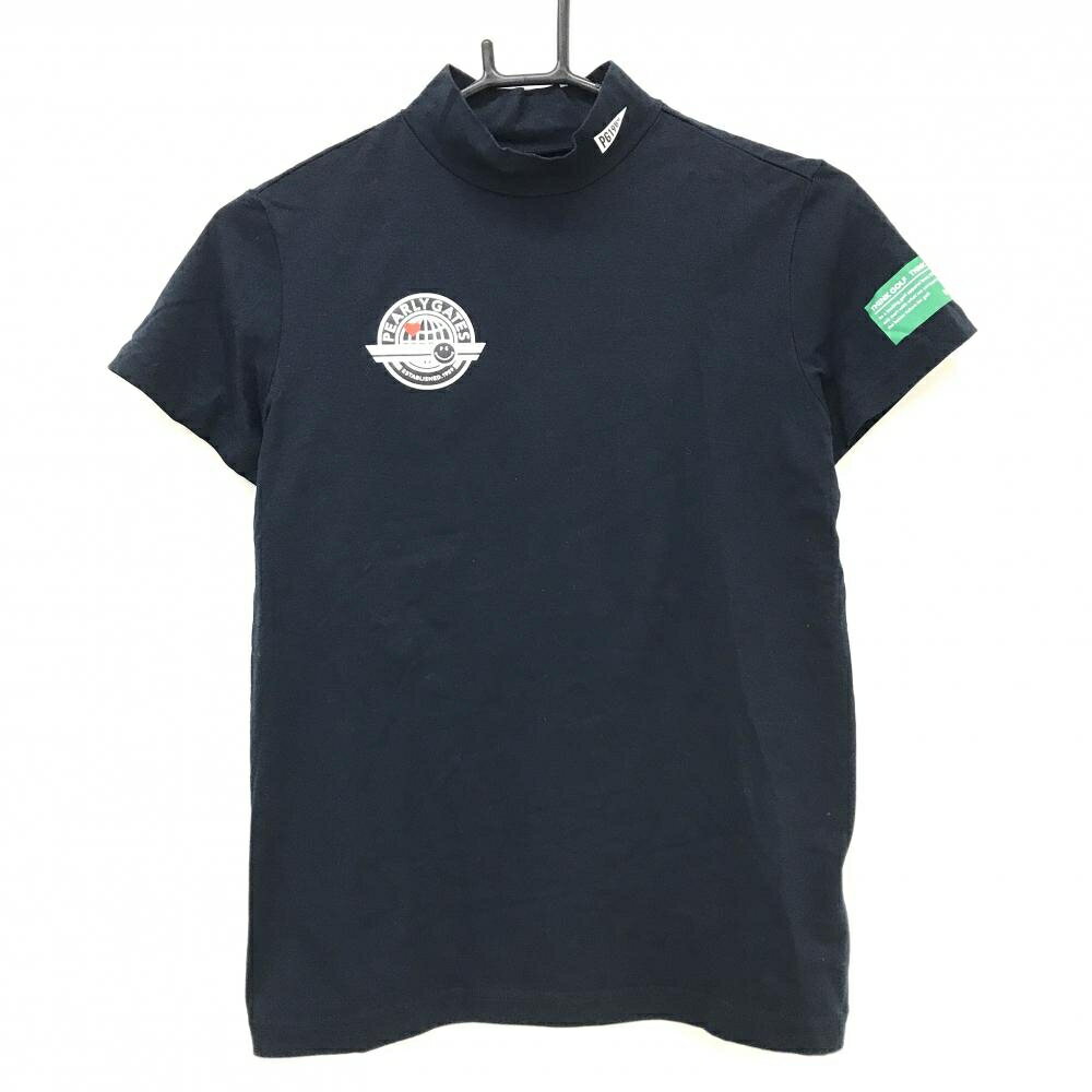 【超美品】パーリーゲイツ 半袖ハイネックシャツ ダークネイビー×白 ニコちゃん スマイル レディース 1(M) ゴルフウェア PEARLY GATES