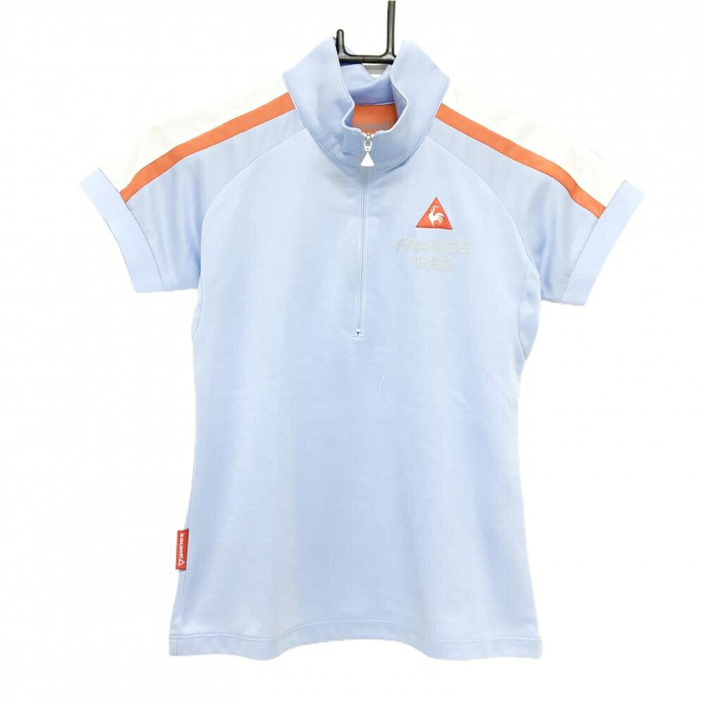 Polo Shirt - 【当店ポイント10倍！楽天スーパーセール期間限定】ルコックゴルフ 半袖ハイネックシャツ ライトブルー系×白×オレンジ ハーフジップ 胸ロゴ レディース S ゴルフウェア le coq sportif