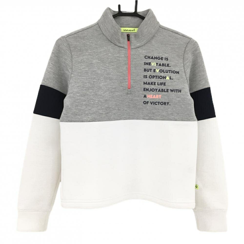 【美品】ビバハート ハイネックトレーナー 杢グレー×白×ネイビー ハーフジップ レディース 40(M) ゴルフウェア VIVA HEART