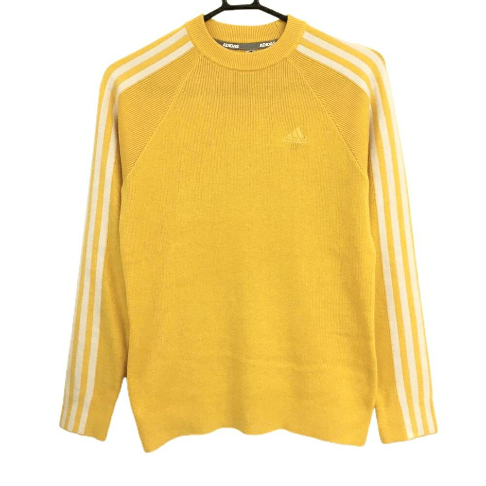 【美品】アディダス セーター オレンジイエロー系×白 ウール混 ニット 袖3ライン レディース M ゴルフウェア adidas
