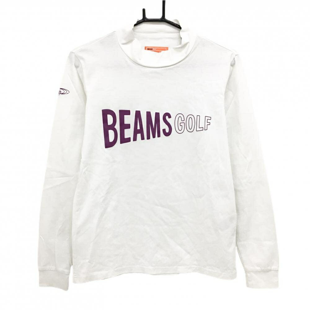 【美品】ビームスゴルフ 長袖ハイネックシャツ 白×パープル フロントロゴ メンズ S ゴルフウェア BEAMS GOLF
