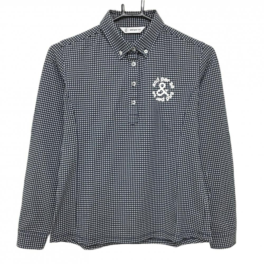TRUSSARDI - 【超美品】アンパスィ 長袖ポロシャツ ネイビー×白 チェック ボタンダウン ロゴ白 レディース M ゴルフウェア and per se