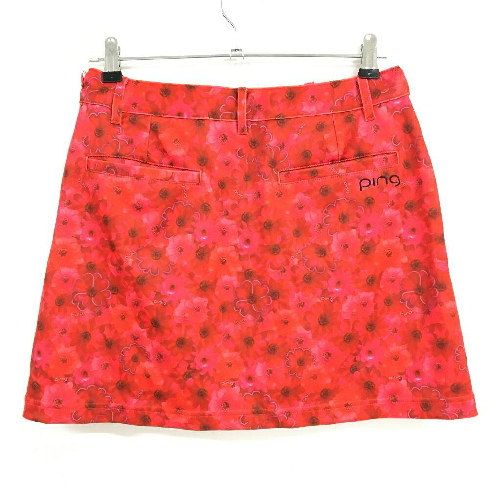 【超美品】ピン スカート レッド×ピンク 花柄 ロゴ刺しゅう ストレッチ レディース L ゴルフウェア PING