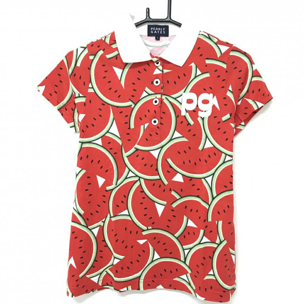 【美品】パーリーゲイツ 半袖ポロシャツ レッド×グリーン スイカ総柄 コットン100％ レディース 1(M) ゴルフウェア PEARLY GATES