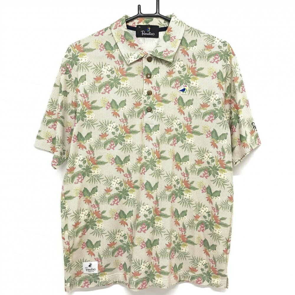 PARADISO - 【超美品】パラディーゾ 半袖ポロシャツ ライトベージュ系×グリーン 花柄 ロゴワッペン 袖刺しゅう メンズ LL ゴルフウェア Paradiso