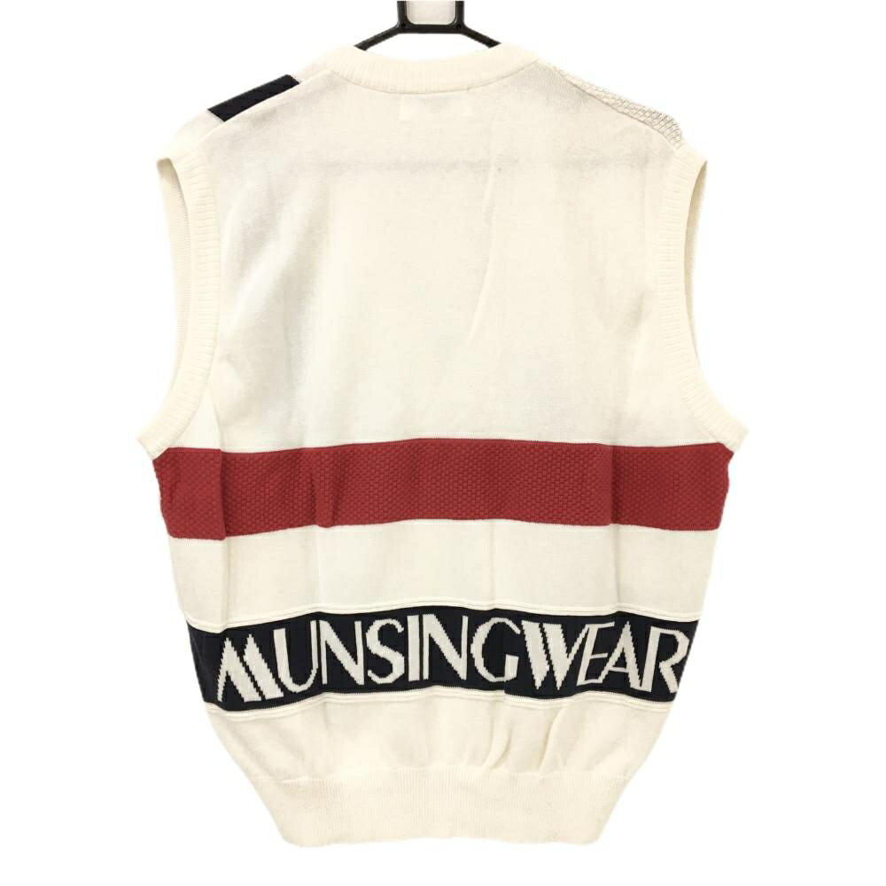 マンシングウェア ニットベスト 白×ネイビー×レッド コットン100％ 背面裾ロゴ メンズ L ゴルフウェア Munsingwear