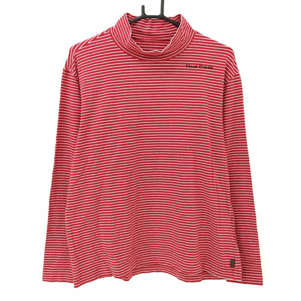 【美品】ヒールクリーク 長袖ハイネックシャツ レッド×白 ボーダー ロゴプリント メンズ 50(L) ゴルフウェア Heal Creek