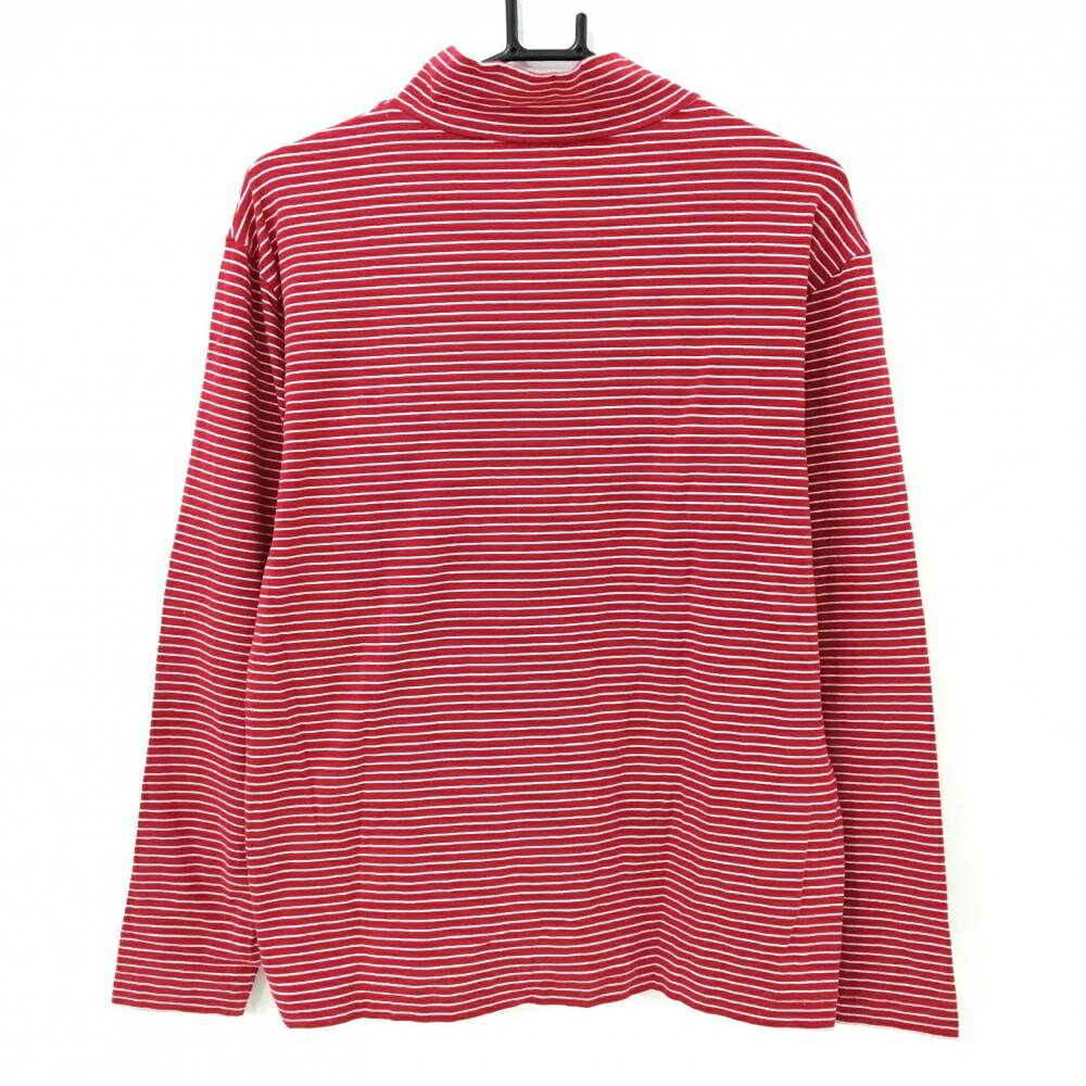 【美品】ヒールクリーク 長袖ハイネックシャツ レッド×白 ボーダー ロゴプリント メンズ 50(L) ゴルフウェア Heal Creek