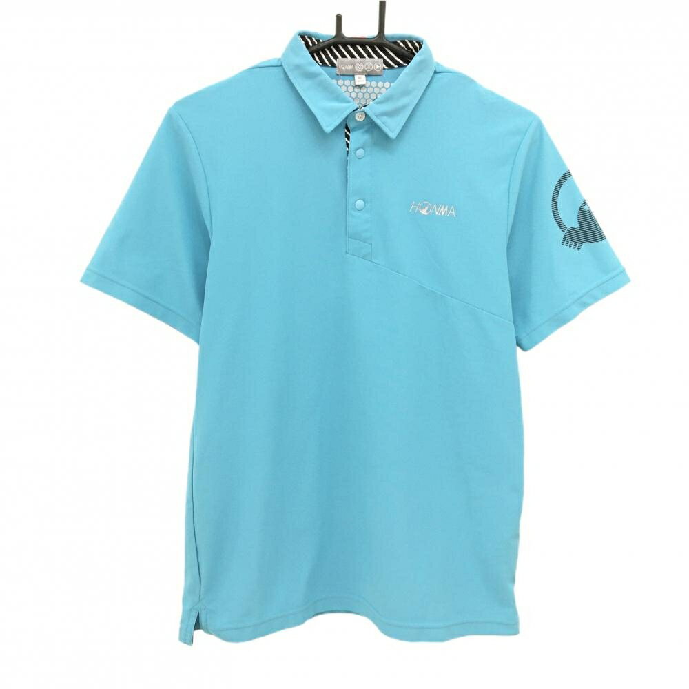 SINACOVA GOLF - 【美品】ホンマ 半袖ポロシャツ ライトブルー ロゴプリント 前立て・襟内側斜めストライプ メンズ M ゴルフウェア HONMA