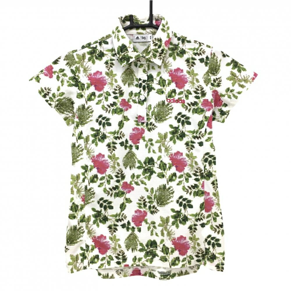 【超美品】アディダス 半袖ポロシャツ 白×グリーン 花柄 ボーダー地模様 レディース M/M ゴルフウェア adidas