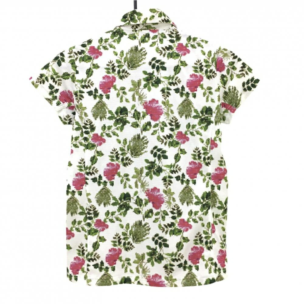 【超美品】アディダス 半袖ポロシャツ 白×グリーン 花柄 ボーダー地模様 レディース M/M ゴルフウェア adidas