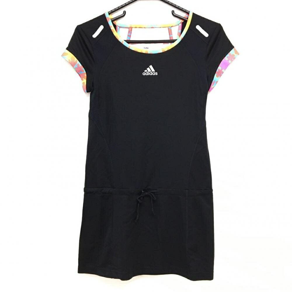 【美品】アディダス 半袖ワンピース 黒×マルチカラー 胸ロゴ CLIMACOOL 後ろ一部メッシュ レディース M ゴルフウェア adidas
