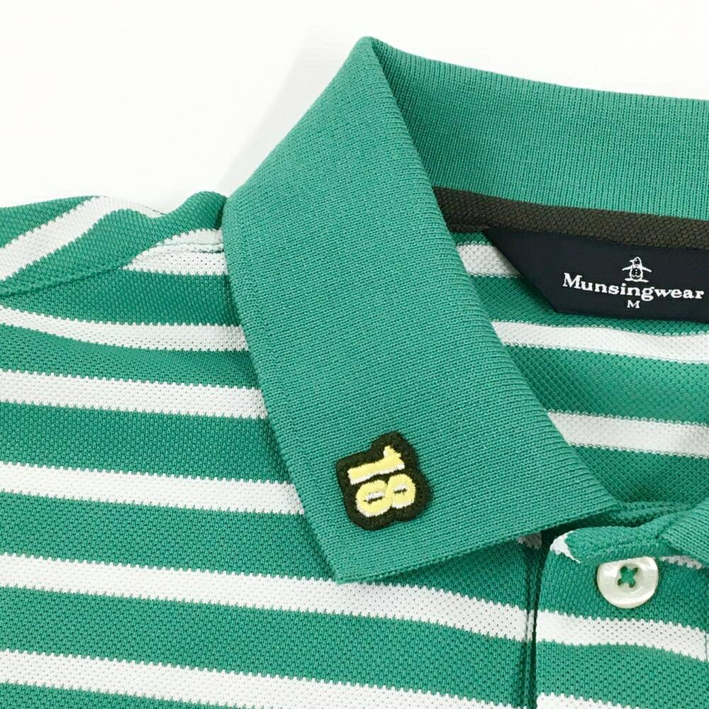 【超美品】マンシングウェア 半袖ポロシャツ グリーン×白 ボーダー ワッペン メン...
