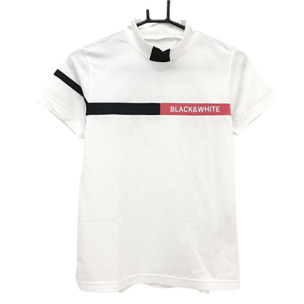 【超美品】ブラックアンドホワイト 半袖ハイネックシャツ 白 胸ライン バックロゴ レディース M ゴルフウェア Black＆White
