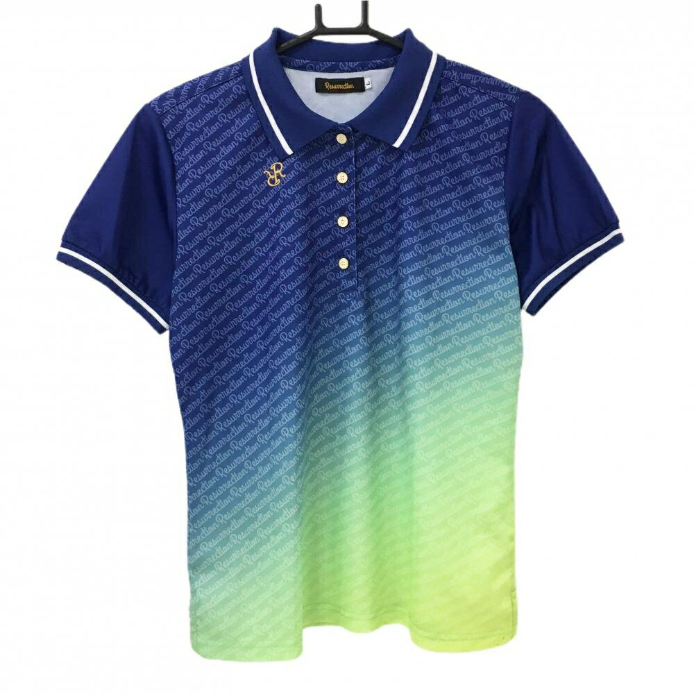 Rakuten - 【美品】レザレクション 半袖ポロシャツ ネイビー×ライトグリーン グラデーション ロゴ総柄 レディース L ゴルフウェア Resurrection