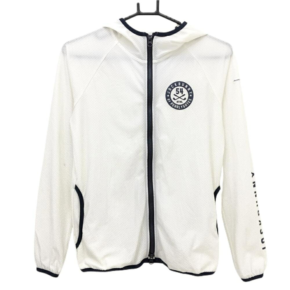 【美品】ジャックバニー ジップパーカー 白×ネイビー 凹凸生地 薄手 ジャケット 袖汚れ レディース 0(S) ゴルフウェア Jack Bunny