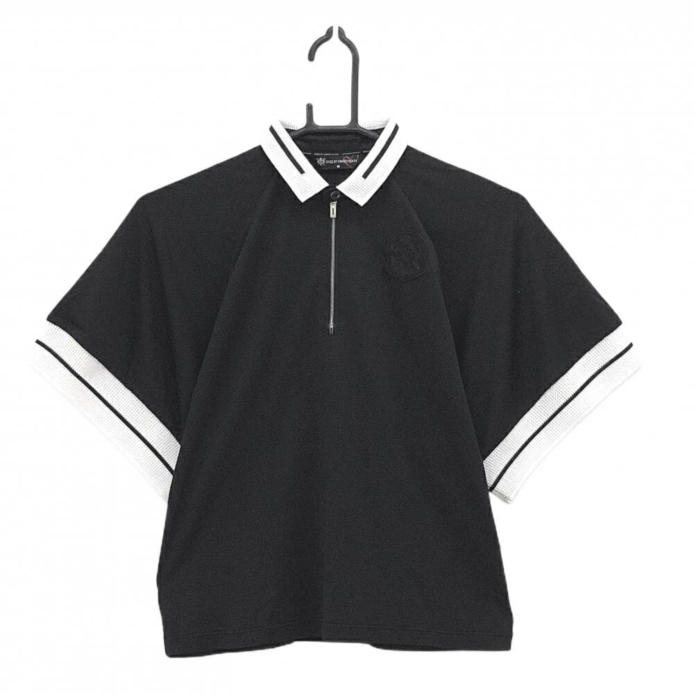 【超美品】SY32 半袖ポロシャツ 黒×白 ハーフジップ 織生地 胸ロゴ レディース M ...