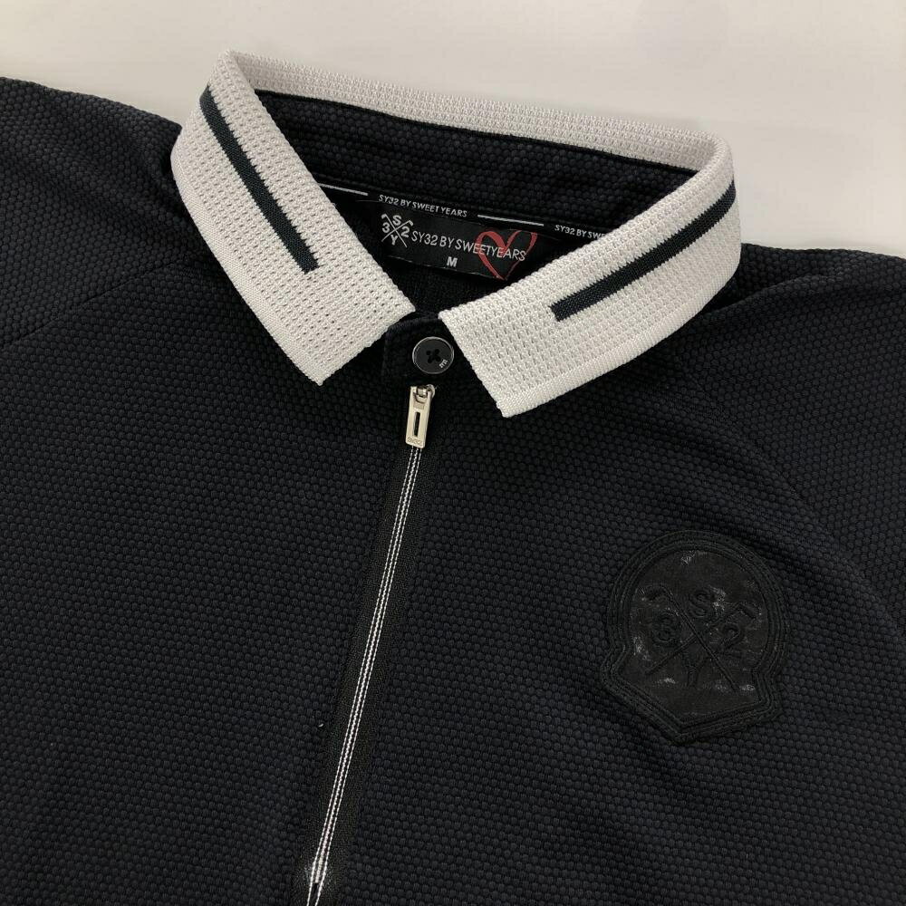 【超美品】SY32 半袖ポロシャツ 黒×白 ハーフジップ 織生地 胸ロゴ レディース M ...