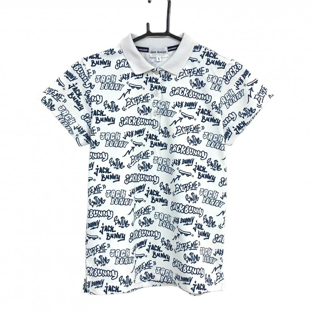 ジャックバニー 半袖ポロシャツ 白×ネイビー 英字総柄 レディース 1(M) ゴルフウェ...