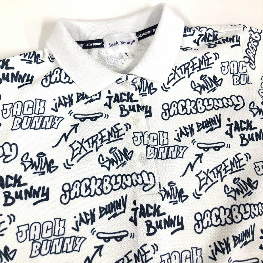 ジャックバニー 半袖ポロシャツ 白×ネイビー 英字総柄 レディース 1(M) ゴルフウェ...
