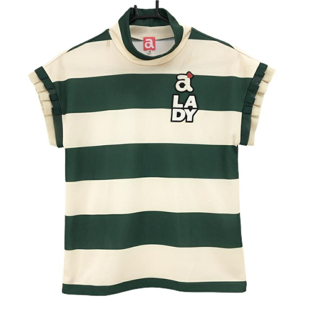 アルチビオ 半袖ハイネックシャツ ベージュ×ダークグリーン ボーダー 袖口メッシュフリル レディース 38(M) ゴルフウェア archivio