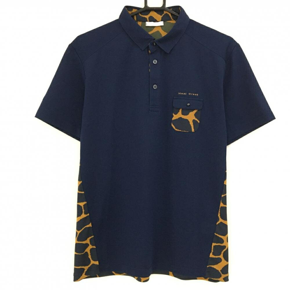 Heal Creek - 【美品】ヒールクリーク 半袖ポロシャツ ネイビー×ブラウン 一部総柄 メンズ 48(M) ゴルフウェア Heal Creek