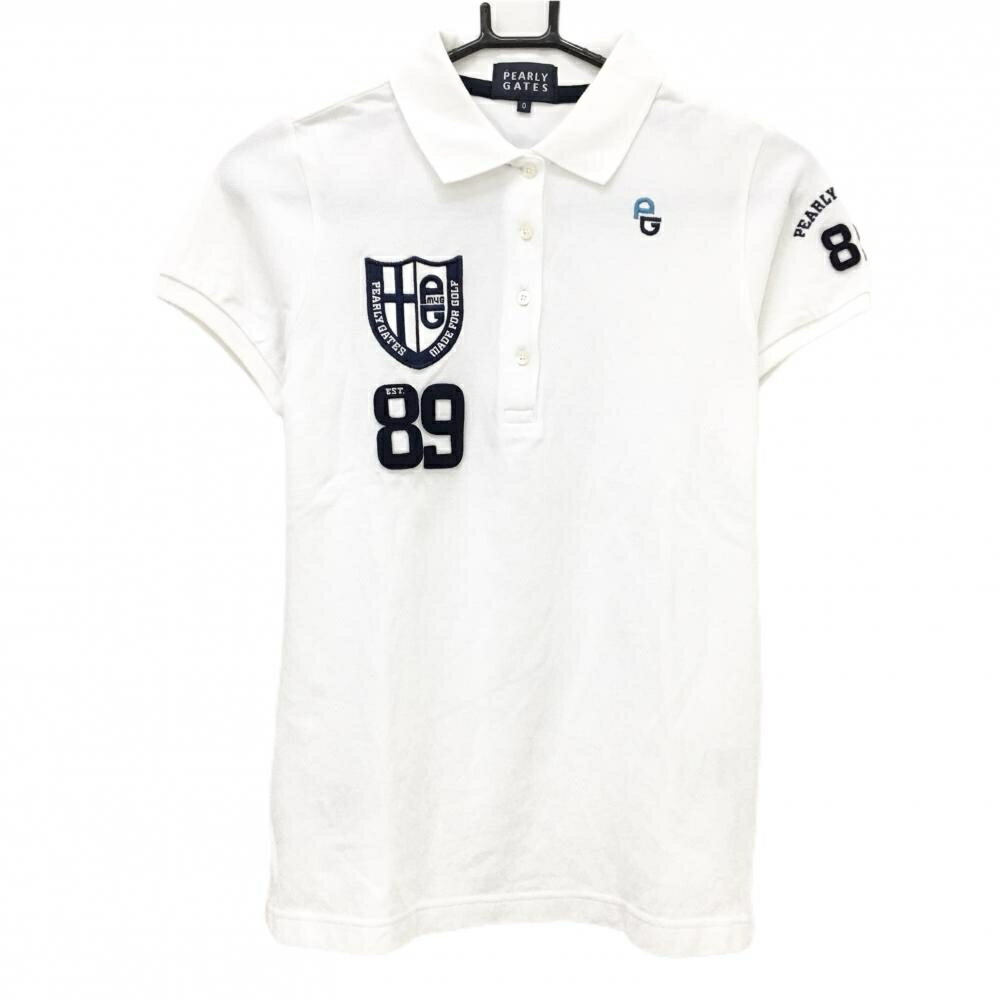 Untitled Sport - 【美品】パーリーゲイツ 半袖ポロシャツ 白×ネイビー 後ろニコちゃん スマイル 胸ロゴ レディース 0(S) ゴルフウェア PEARLY GATES