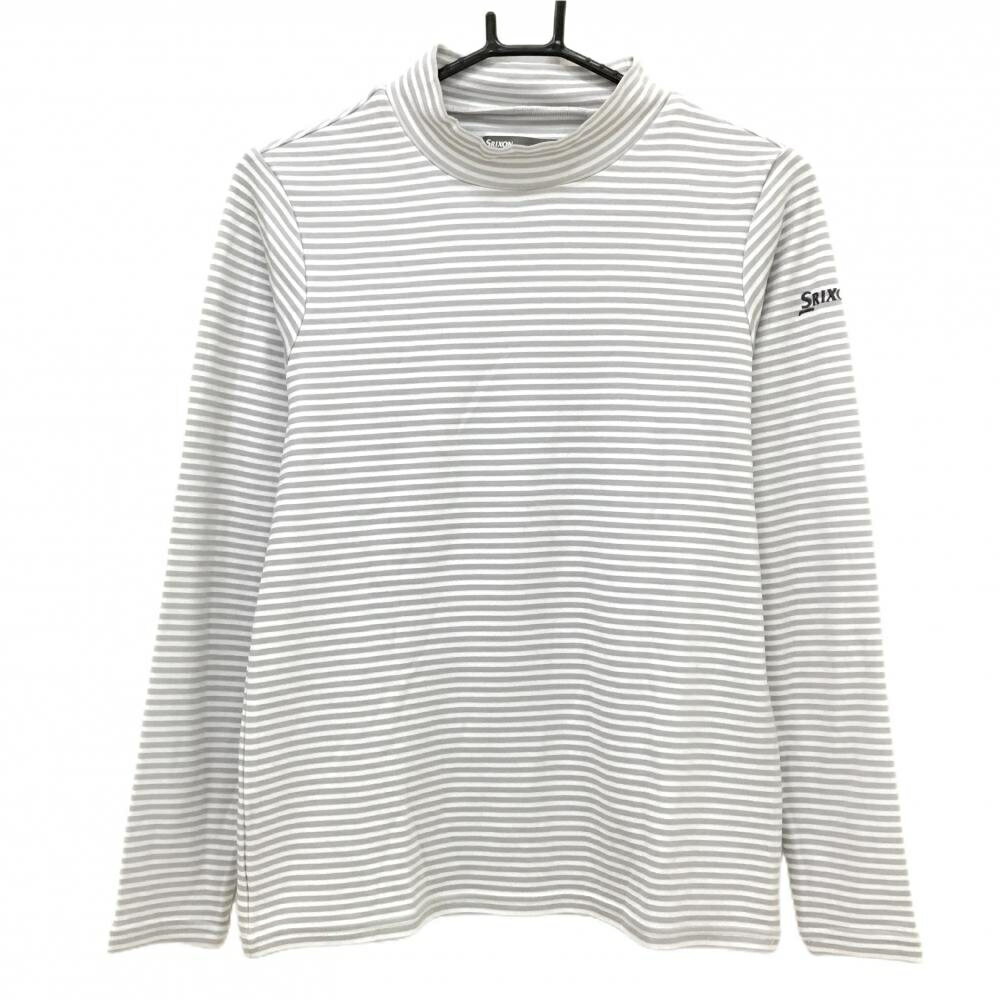 【美品】スリクソンバイデサント 長袖ハイネックシャツ グレー×白 ボーダー 裏微起毛 レディース M ゴルフウェア SRIXON