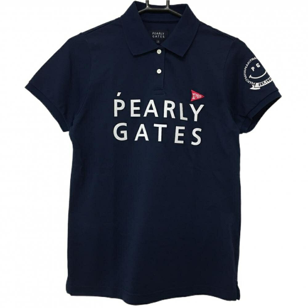PEARLY GATES - 【当店ポイント10倍！楽天スーパーセール期間限定】【美品】パーリーゲイツ 半袖ポロシャツ ネイビー ロゴ白 ニコちゃん スマイル レディース 2(L) ゴルフウェア PEARLY GATES