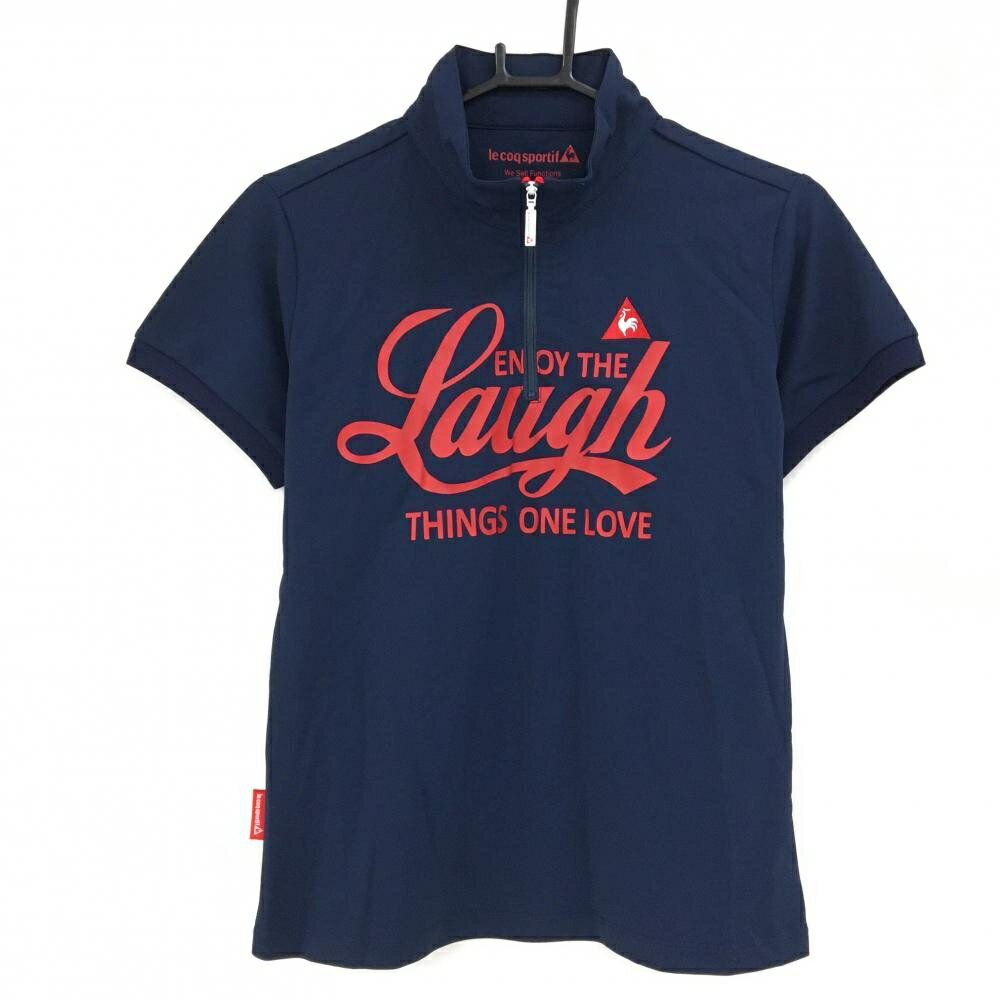 【超美品】ルコックゴルフ 半袖ハイネックシャツ ネイビー×レッド フロント英字 ハーフジップ レディース L ゴルフウェア le coq sportif