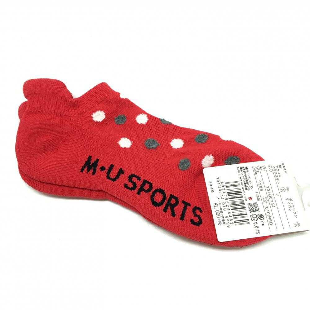 【新品】MUスポーツ ソックス レッド×グレー×白 ドット アンクル丈 レディース F ゴルフウェア M・U SPORTS