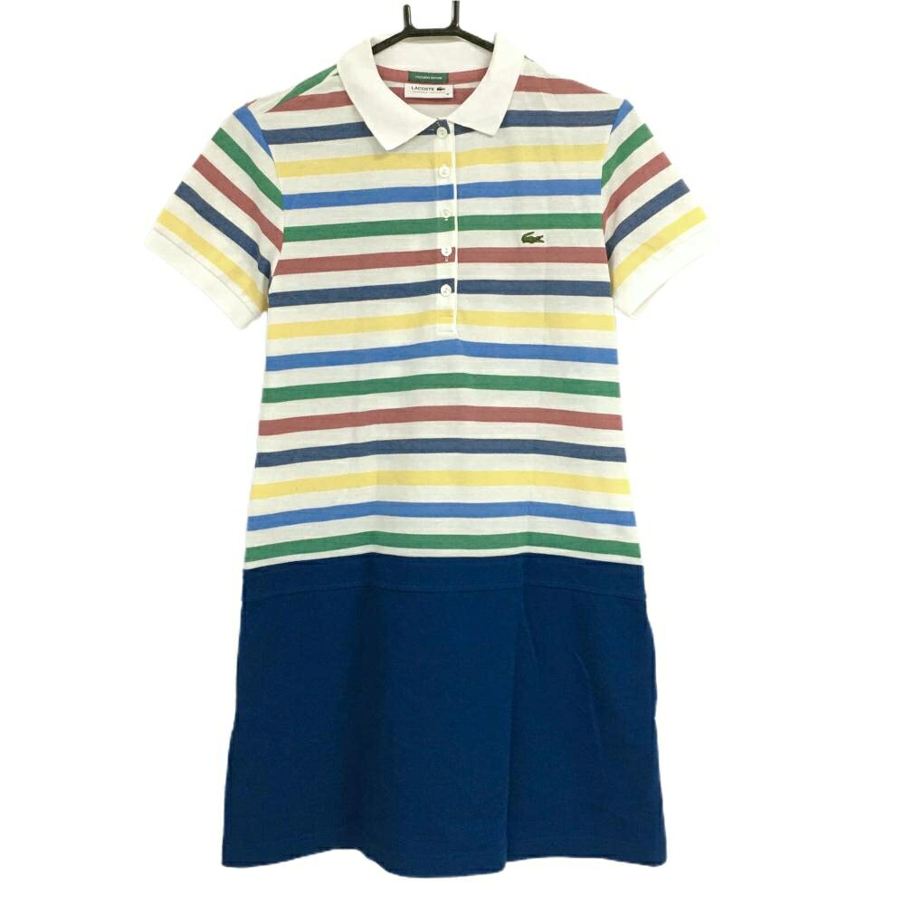 【美品】ラコステ 半袖ポロワンピース 白×マルチカラー 上部ボーダー レディース 38(L) ゴルフウェア LACOSTE