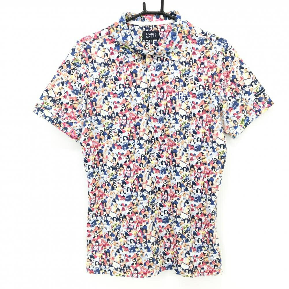 【美品】パーリーゲイツ 半袖ポロシャツ マルチカラー ヒューマン総柄 コットン100％ メンズ 5(L) ゴルフウェア PEARLY GATES