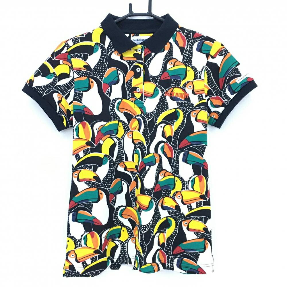 Rakuten - 【超美品】ジャックバニー 半袖ポロシャツ 黒×イエロー 鳥総柄 ロゴ刺しゅう レディース 2(L) ゴルフウェア Jack Bunny