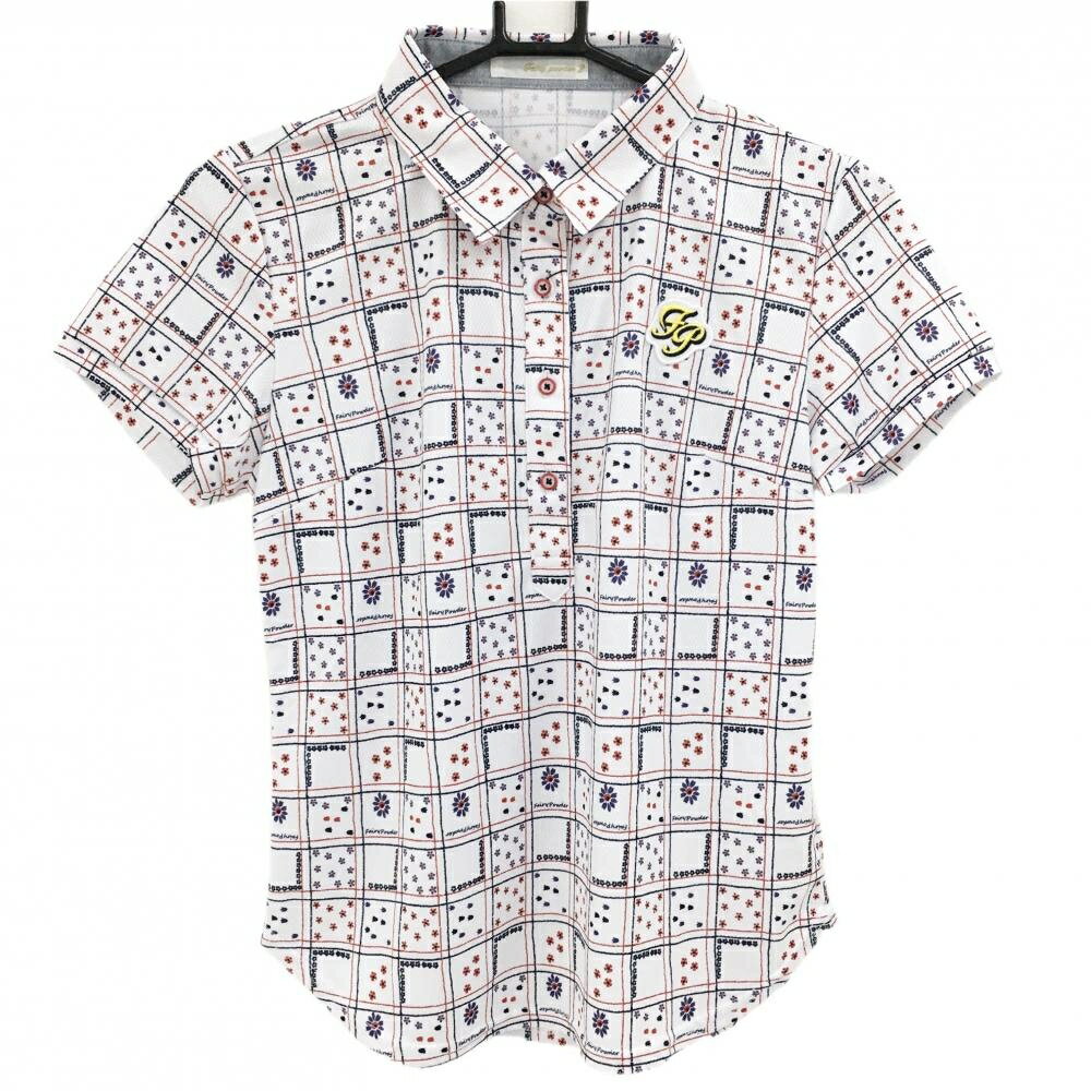 【新品】フェアリーパウダー 半袖ポロシャツ 白×レッド×ネイビー 小花スクエア総柄 ワッペン レディース 2(M) ゴルフウェア FAIRY POWDER