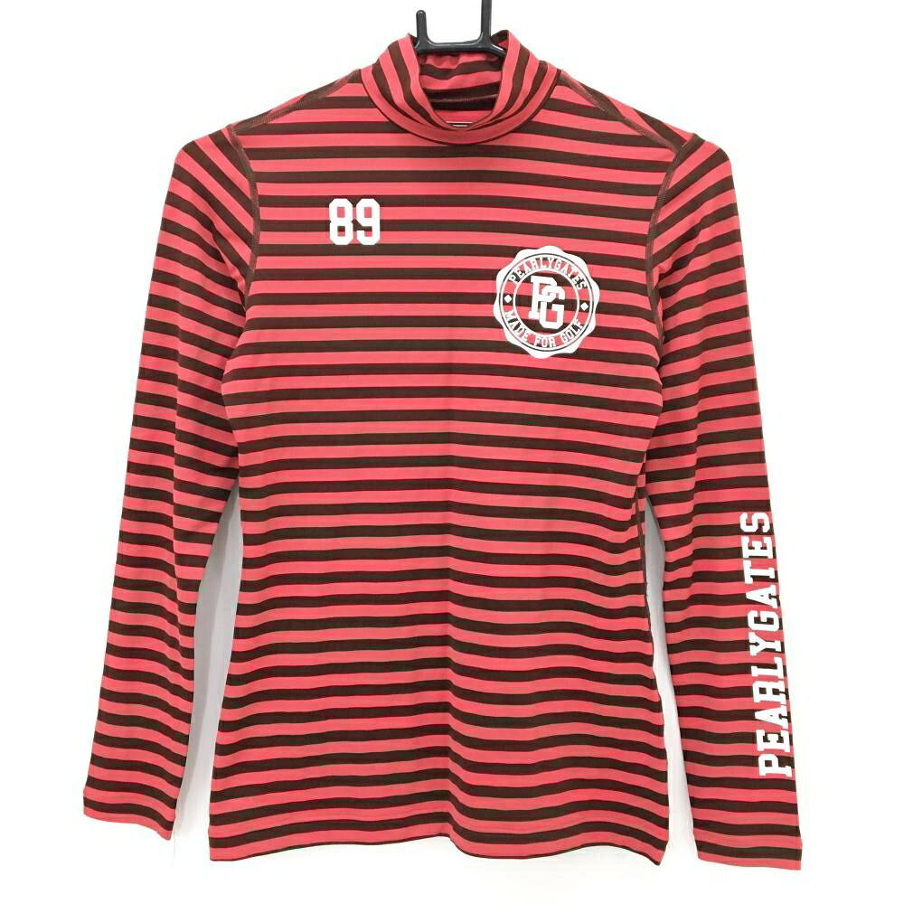【超美品】パーリーゲイツ ハイネックインナーシャツ レッド×ブラウン ボーダー ロゴプリント レディース 1(M) ゴルフウェア PEARLY GATES