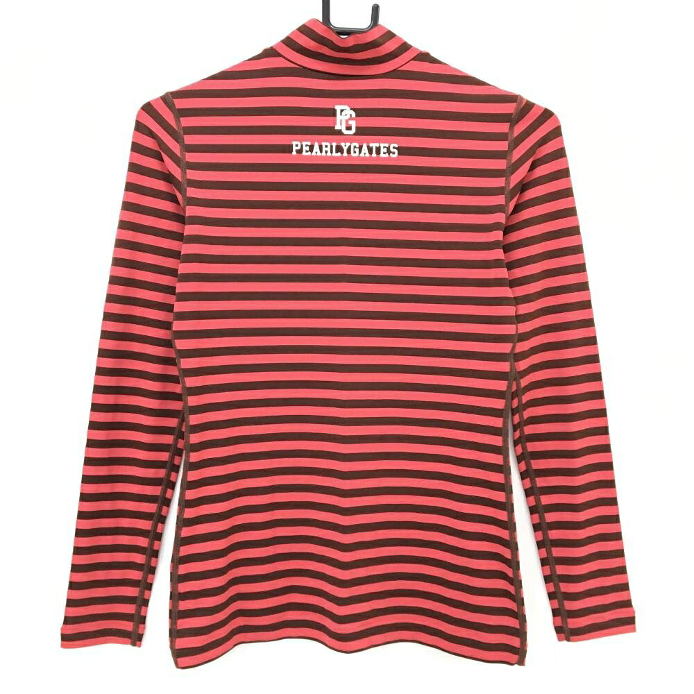 【超美品】パーリーゲイツ ハイネックインナーシャツ レッド×ブラウン ボーダー ロゴプリント レディース 1(M) ゴルフウェア PEARLY GATES