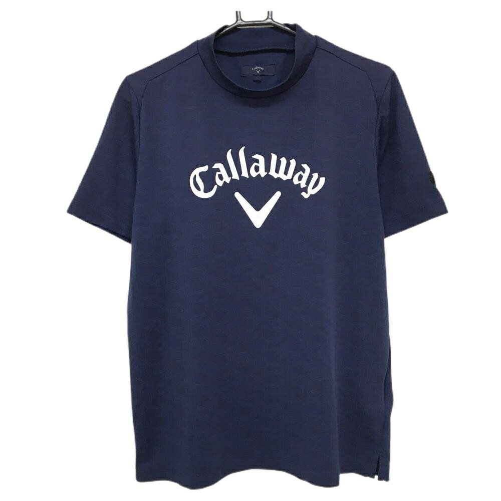 【25%OFFクーポン配布中！9/14まで】【超美品】キャロウェイ 半袖ハイネックシャツ ネイビー 総柄地模様 フロントロゴ メンズ L ゴルフウェア Callaway