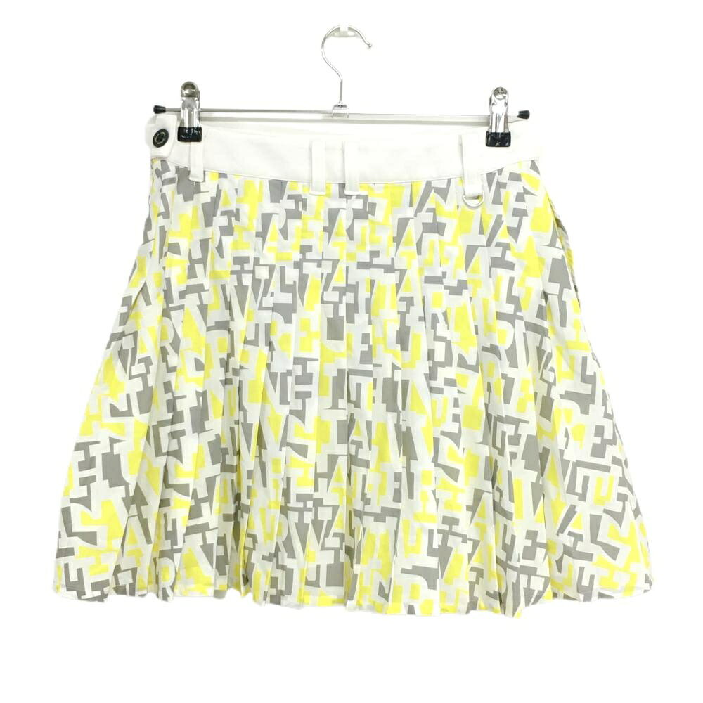 【超美品】ビバハート プリーツスカート 白×グレー×イエロー 英字総柄 裏地付き レディース 40(M) ゴルフウェア VIVA HEART