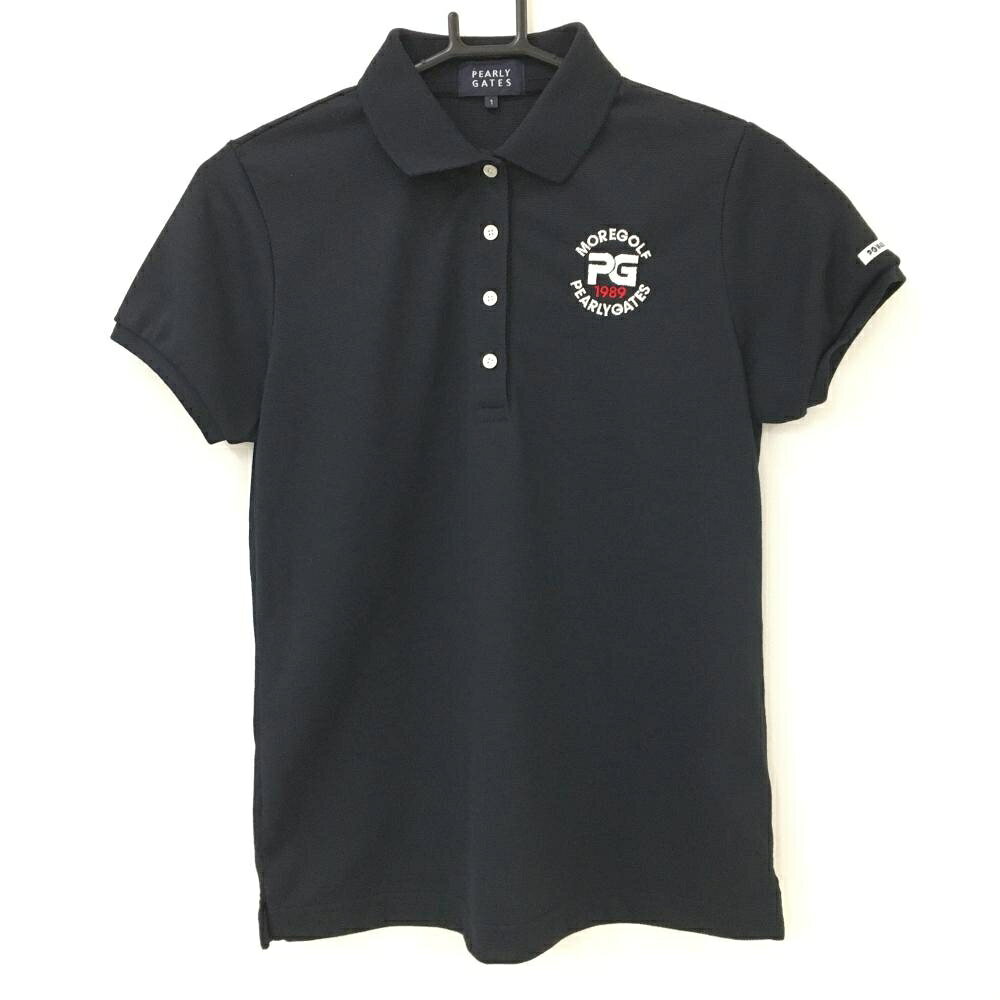 【超美品】パーリーゲイツ 半袖ポロシャツ ネイビー×白 背面ロゴプリント レディース 1(M) ゴルフウェア PEARLY GATES