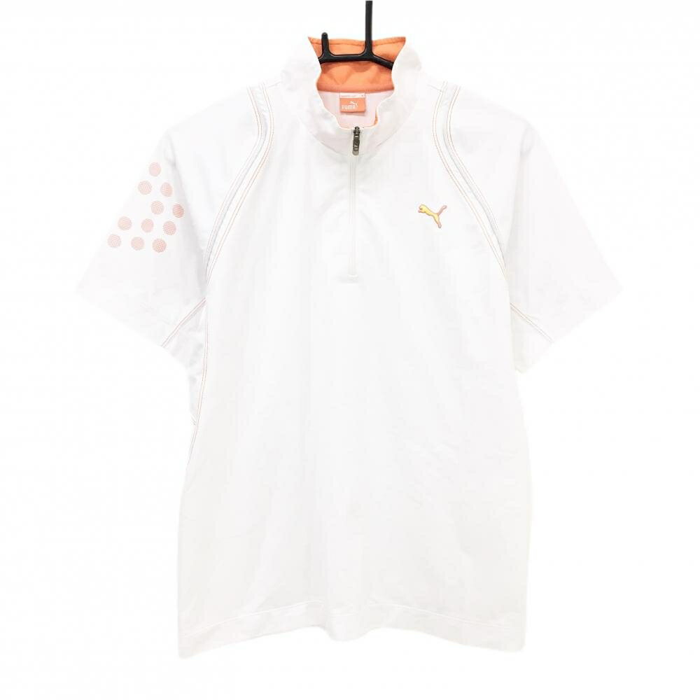 【超美品】プーマ 半袖ハイネックシャツ 白×オレンジ ハーフジップ ステッチ 胸ロゴ メンズ M ゴルフウェア PUMA