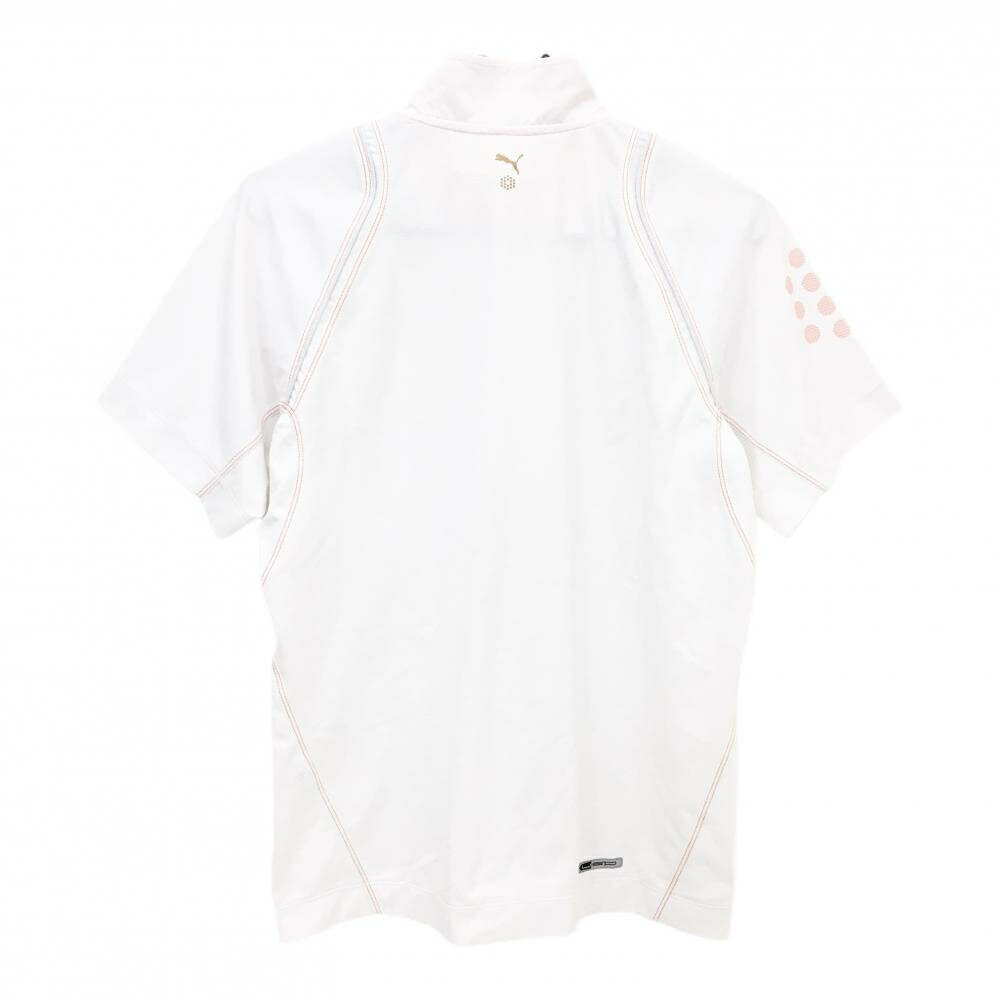 【超美品】プーマ 半袖ハイネックシャツ 白×オレンジ ハーフジップ ステッチ 胸ロゴ メンズ M ゴルフウェア PUMA